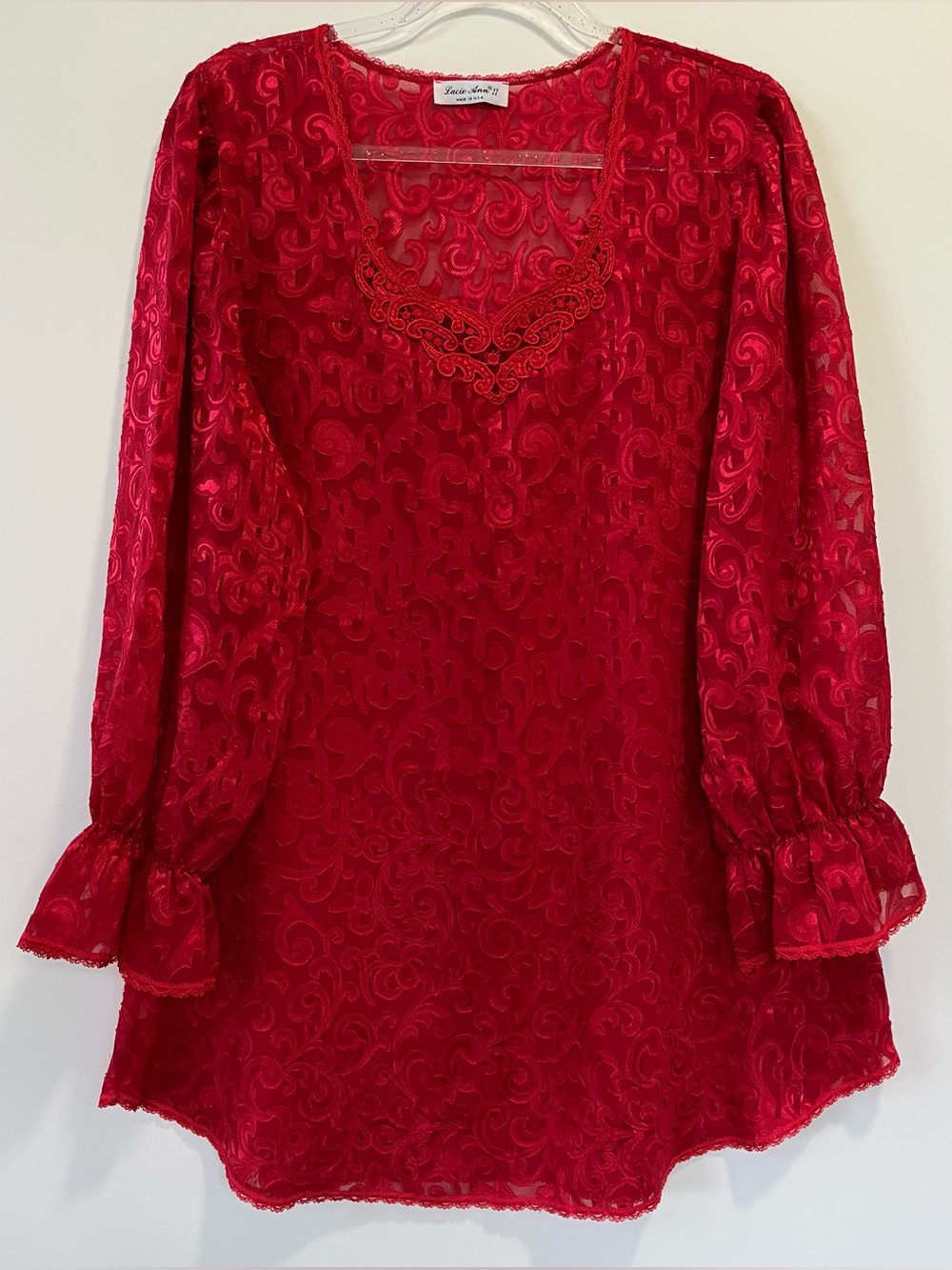 Lucie Ann Red Slip Lace Vintage 70s Cottagecore Lingerie Gown.Size:M